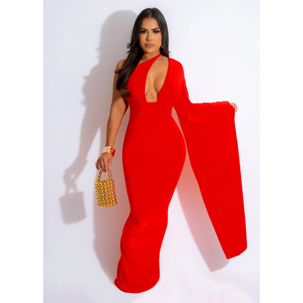 Women's solid color single shoulder sleeved open back long dress dress