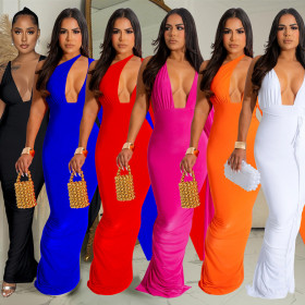 Women's solid color single shoulder sleeved open back long dress dress