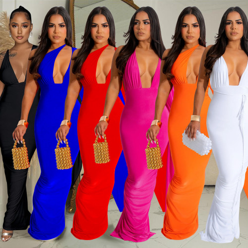 Women's solid color single shoulder sleeved open back long dress dress