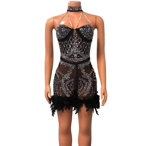 Women's hot diamond studded beads sexy mesh jumpsuit