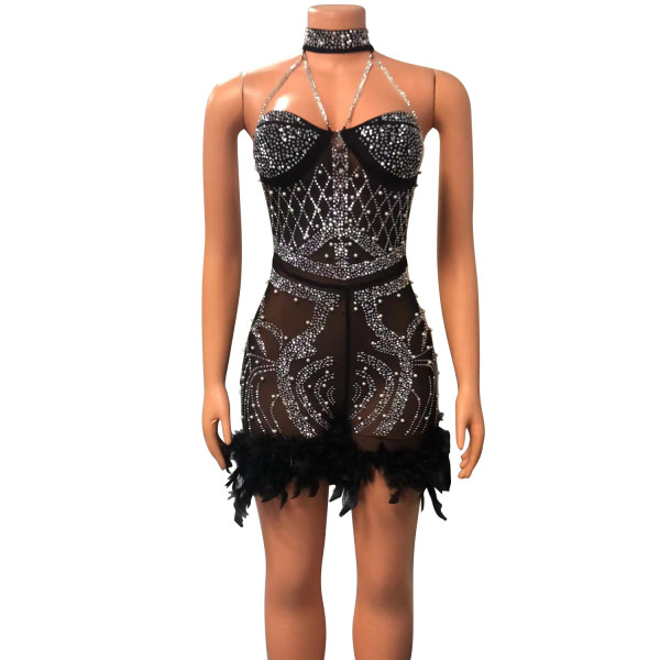Women's hot diamond studded beads sexy mesh jumpsuit