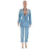 Solid color strapping long sleeved small suit top and leggings set