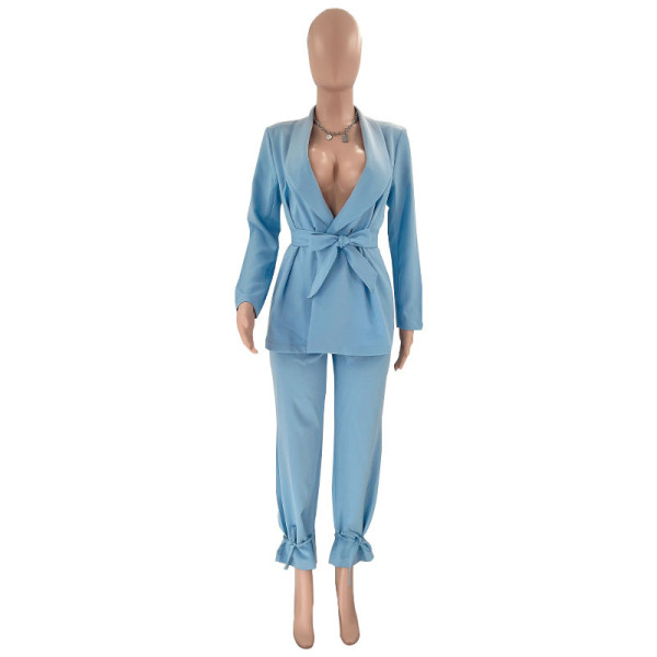 Solid color strapping long sleeved small suit top and leggings set