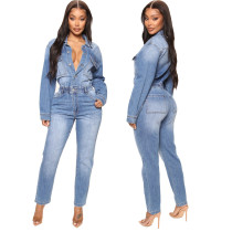 Slim fit elastic small foot wash denim jumpsuit jumpsuit