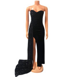 Beaded large hem patchwork chest wrap dress