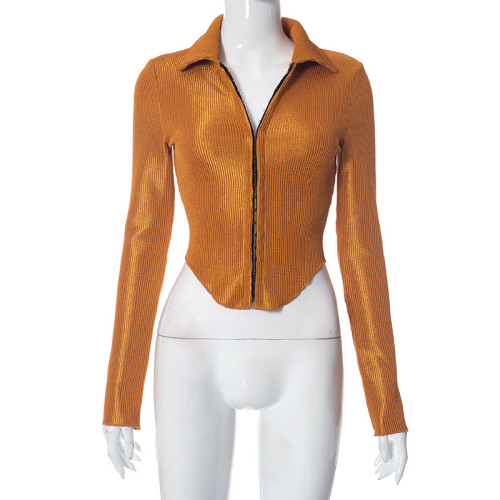 Tight fitting lapel hook button cardigan long sleeved top