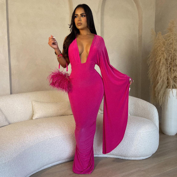 Women's solid color single shoulder sleeved open back long dress dress