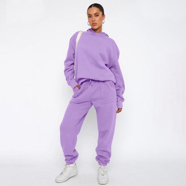 Solid color hooded long sleeved sweater and pants set