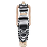 Women's solid color striped open navel sleeveless long skirt two-piece set