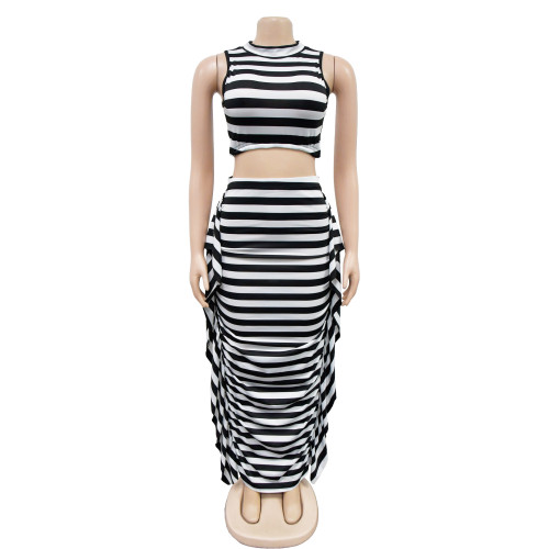 Women's solid color striped open navel sleeveless long skirt two-piece set