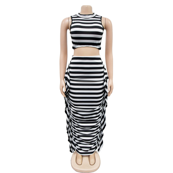 Women's solid color striped open navel sleeveless long skirt two-piece set