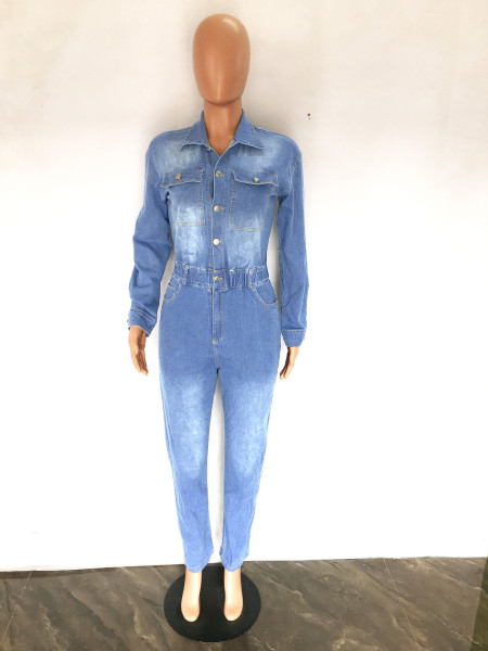 Slim fit elastic small foot wash denim jumpsuit jumpsuit