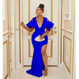 Women's solid V-neck pleated high fork long dress