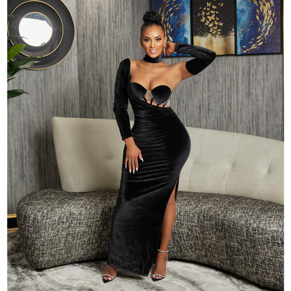 Women's solid color bra gloves dress long dress dress