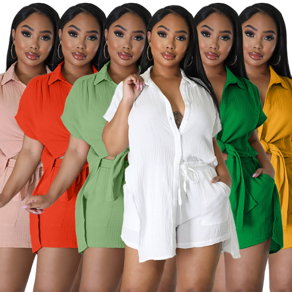 Solid color shirt short sleeved casual shorts set