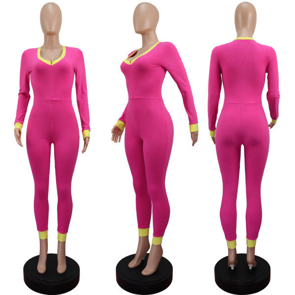 Deep V zipper long sleeved color matching oversized jumpsuit
