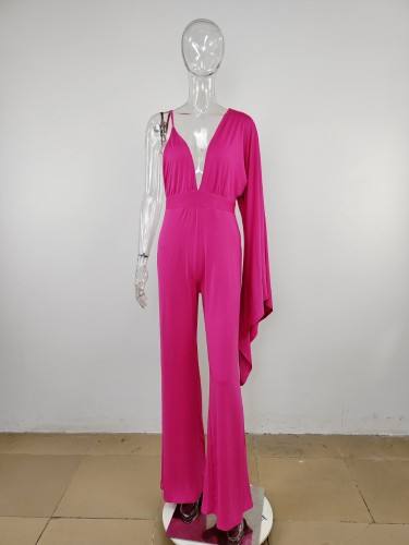 Open back sexy V-neck single sided long sleeved tight high waisted wide leg jumpsuit