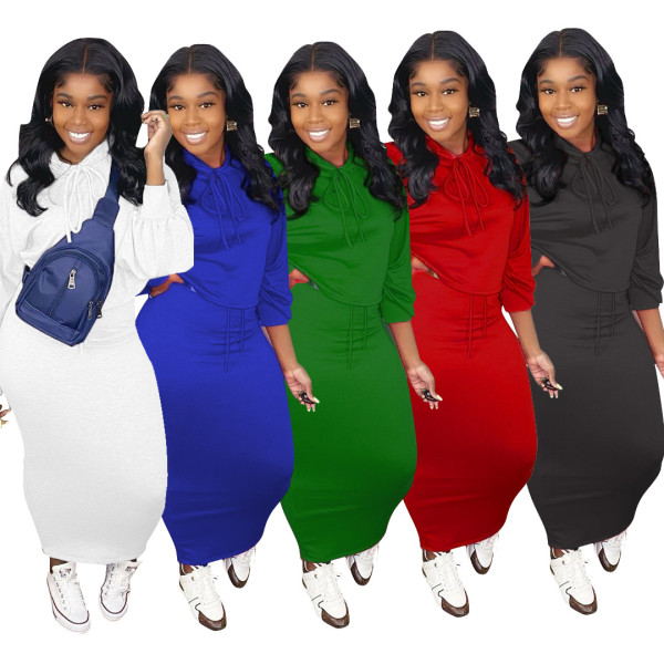 Letter printed pullover hooded sweater long skirt sports set