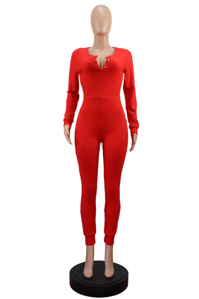 Women's button flip casual long sleeved jumpsuit