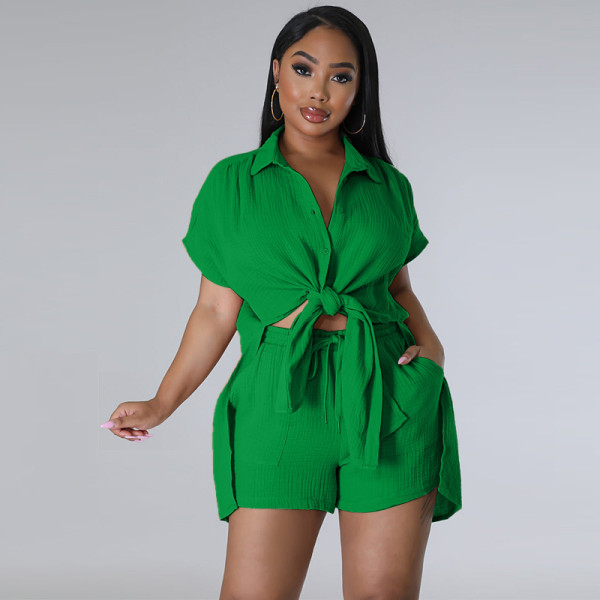 Solid color shirt short sleeved casual shorts set