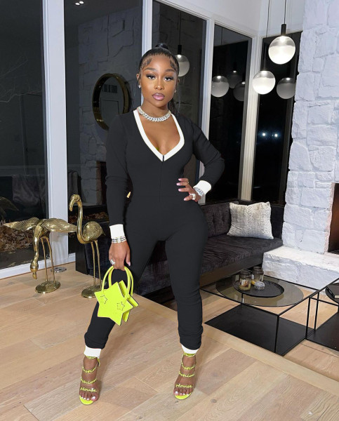 Deep V zipper long sleeved color matching oversized jumpsuit