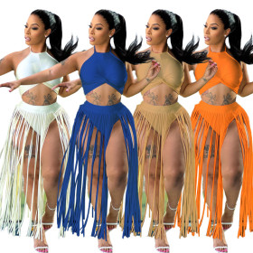 Sleeveless neck strap sexy tassel dress set