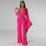 Open back sexy V-neck single sided long sleeved tight high waisted wide leg jumpsuit