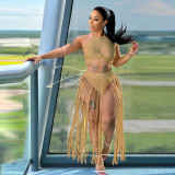 Sleeveless neck strap sexy tassel dress set