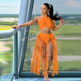 Sleeveless neck strap sexy tassel dress set