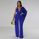Open back sexy V-neck single sided long sleeved tight high waisted wide leg jumpsuit