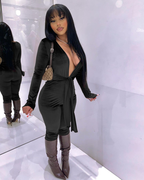 Deep V-neck waist strap jumpsuit