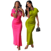 Short sleeved tight fitting short sleeved solid color high waisted long skirt