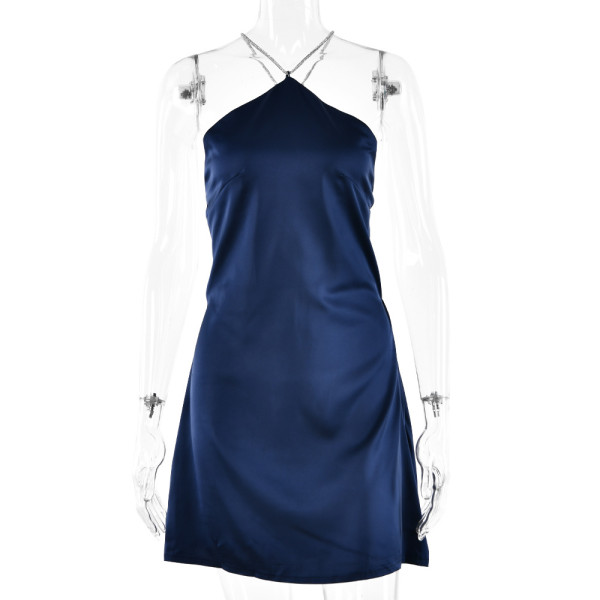 Rhinestone Neck Hanging Dress Feeling Open Back Strap Short Skirt