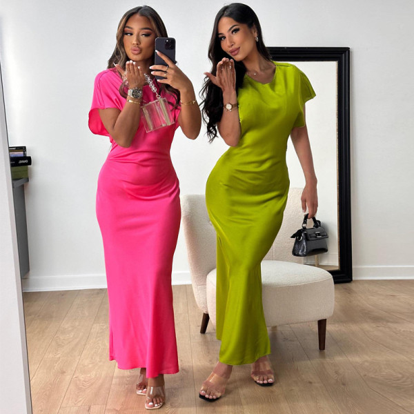 Short sleeved tight fitting short sleeved solid color high waisted long skirt