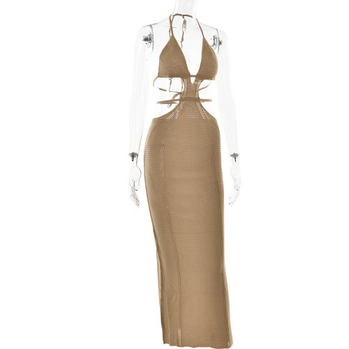 Knitted sweater dress with open back and neck strap long skirt