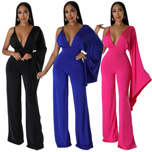 Open back sexy V-neck single sided long sleeved tight high waisted wide leg jumpsuit