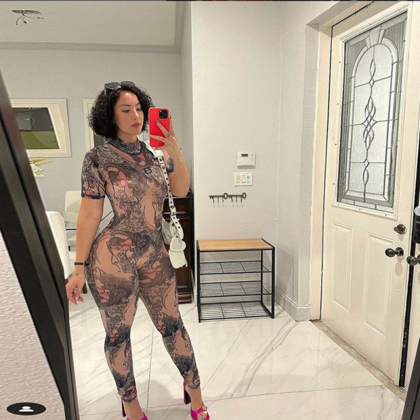Perspective mesh printed hollow open back tight casual jumpsuit