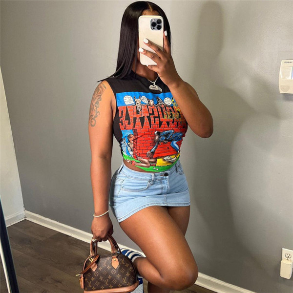 Cartoon printed short slim sleeveless top