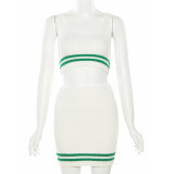 Contrast Knitted Slim Fit Top Sexy Wrapped Hip Half Skirt Set