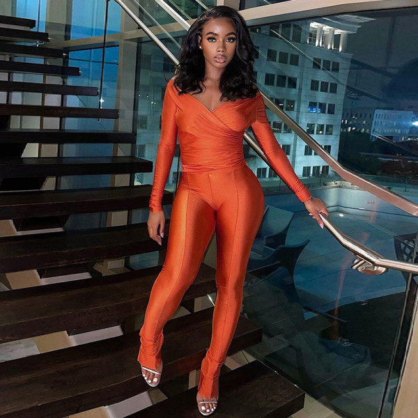Feeling Off Shoulder Large V-Neck High Waist Tight Pants Set
