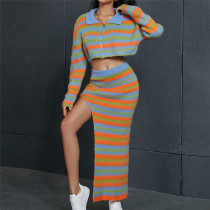 Knitted Stripe Contrast High Waist Slim Fit Long Split Half Skirt