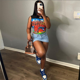 Cartoon printed short slim sleeveless top