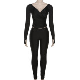 Feeling Off Shoulder Large V-Neck High Waist Tight Pants Set
