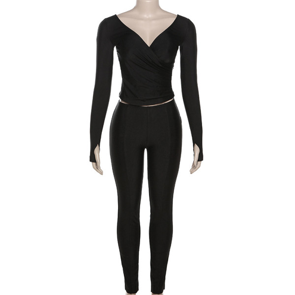Feeling Off Shoulder Large V-Neck High Waist Tight Pants Set