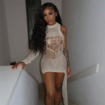 Single sleeved knitted hollow out perspective high waisted slim fitting dress short skirt