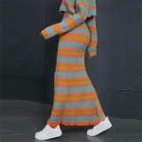 Knitted Stripe Contrast High Waist Slim Fit Long Split Half Skirt