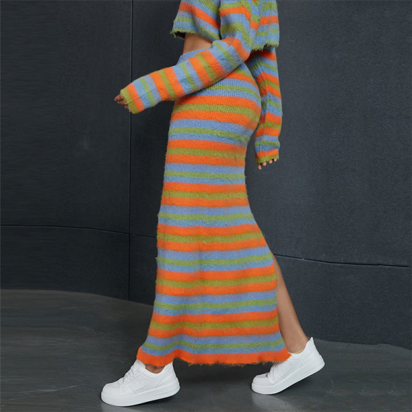 Knitted Stripe Contrast High Waist Slim Fit Long Split Half Skirt