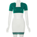 Contrast Knitted Slim Fit Top High Waist Wrap Hip Short Skirt Set
