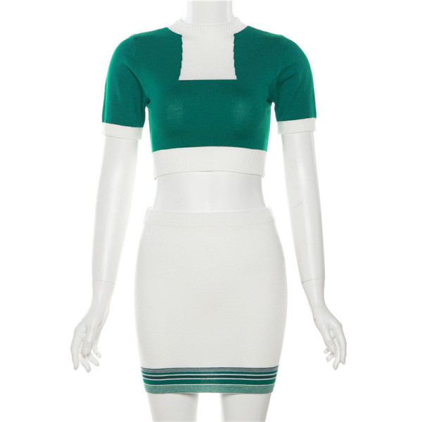 Contrast Knitted Slim Fit Top High Waist Wrap Hip Short Skirt Set
