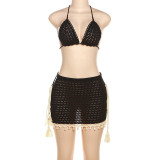 Hollow Knitted Lace Up Top High Waist Wrap Hip Short Skirt Set